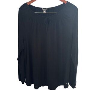 Eddie Bauer Women's Black Long Sleeve Top Sz 2X Tie Front Smocked Cotton Modal